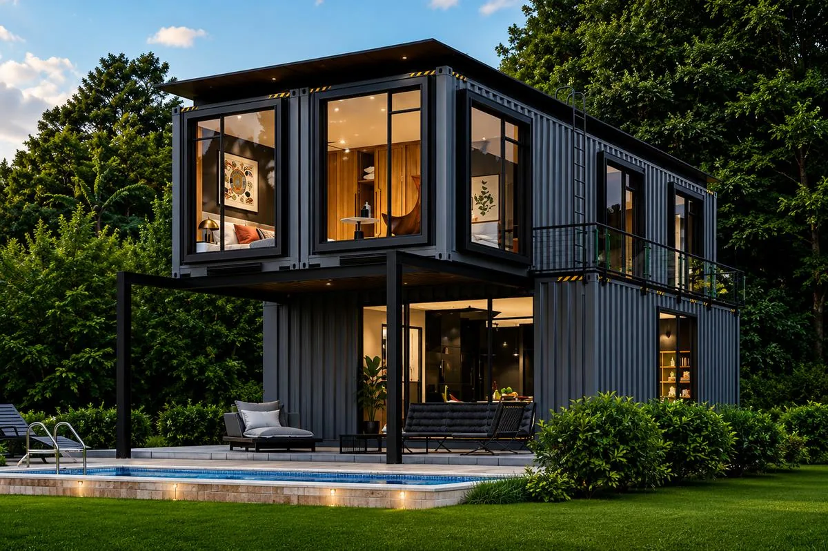 Two-story modular container structure with rooftop pool