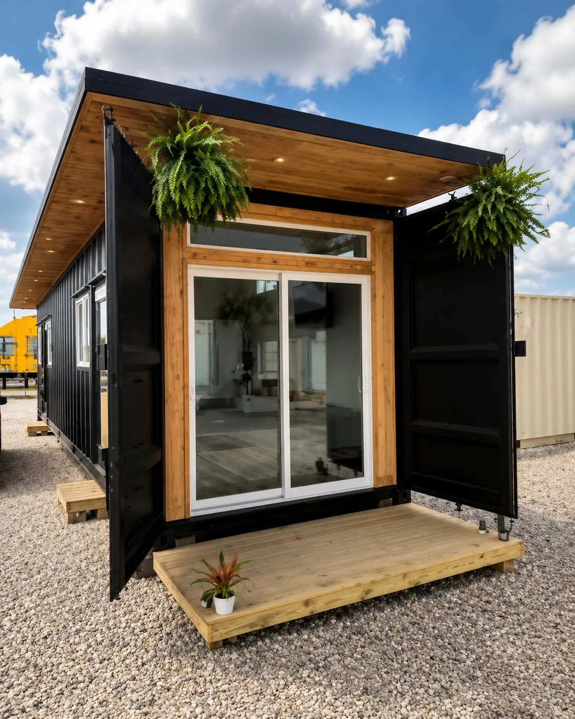 Container conversion with sliding glass doors and wood accents