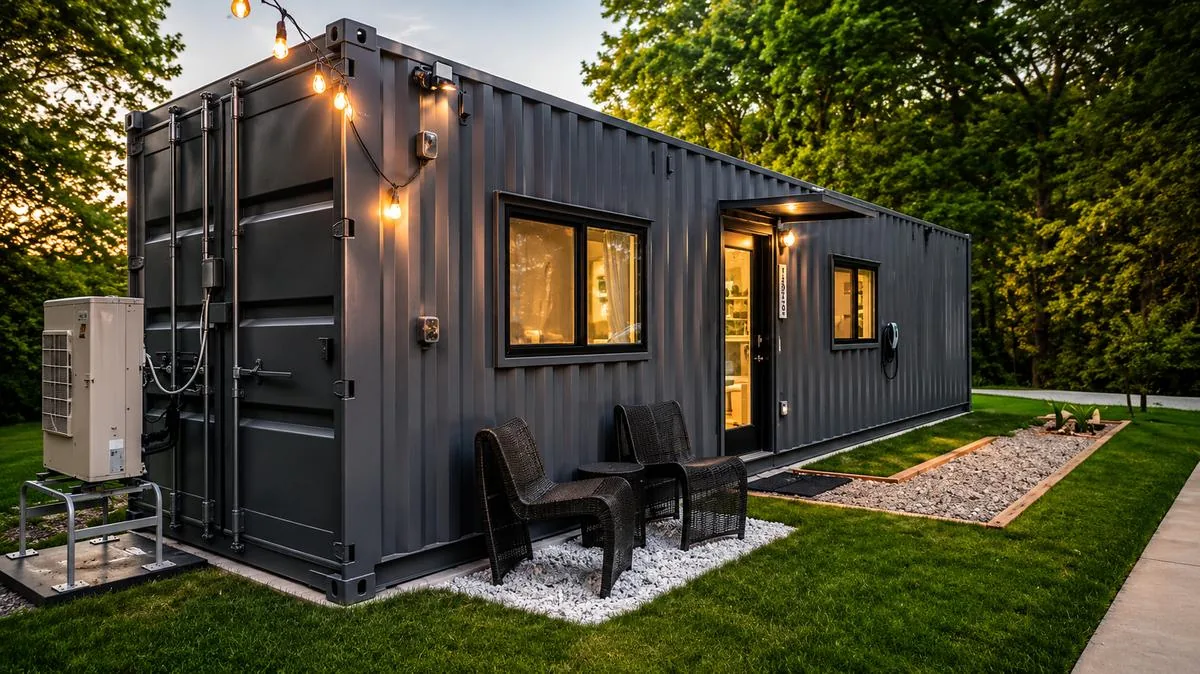 Modular container office with garden lighting and outdoor seating