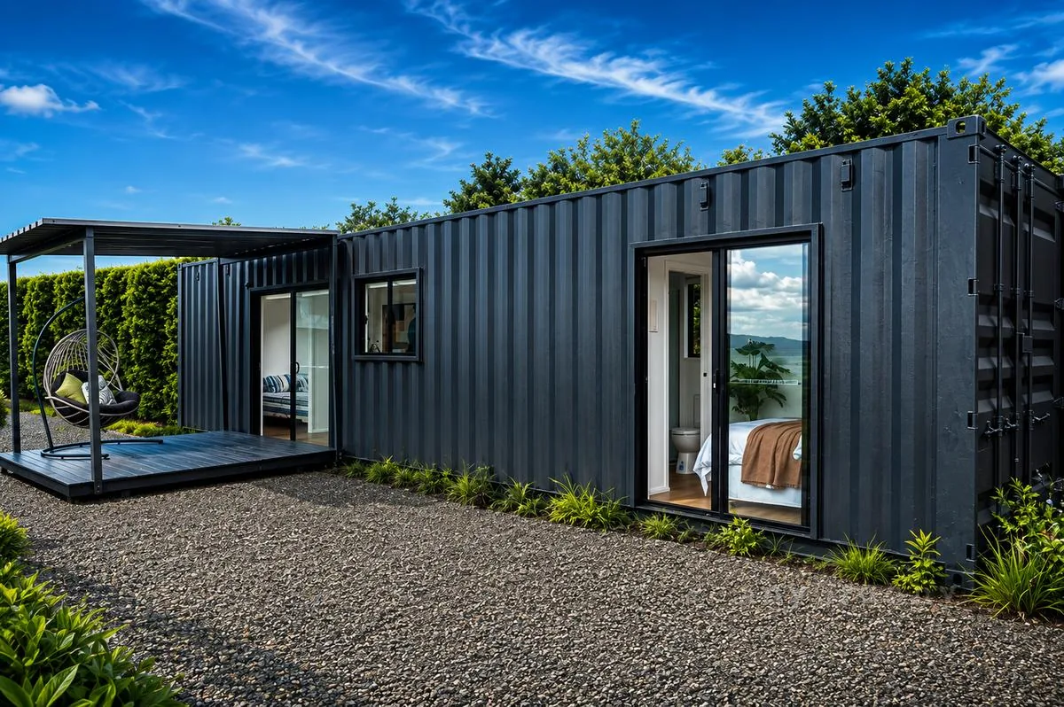 Modern shipping container home with glass entrance in Jamaica